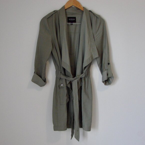 Duster Trench Coat Utility Olive Green Waterfall Front Flowy Size XS Small - Picture 2 of 16